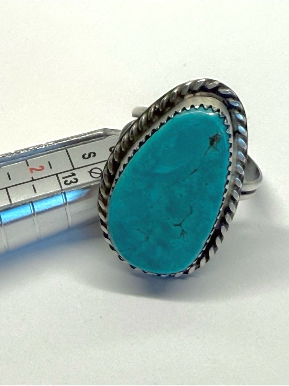Leslie Nez Signed Sterling Silver Turquoise Statement Ring Adjustable